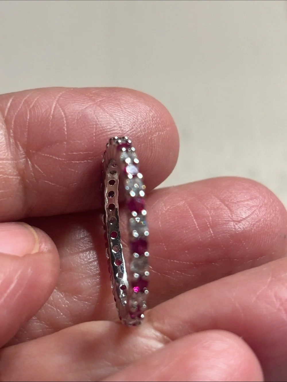 Silver Pink Sapphire Eternity Band Size 7
